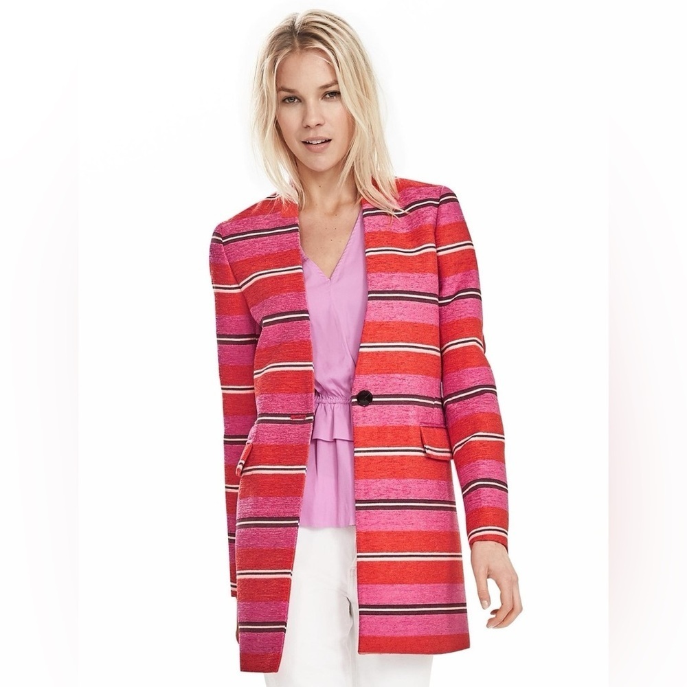 Banana Republic Pink Stripe Collarless Coat Blazer Size Small Petite